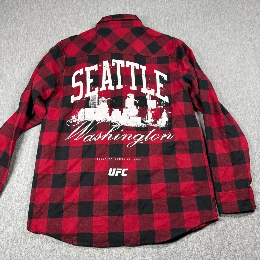UFC Button Up Shirt Mens Medium Red Black Plaid Seattle Washington Event Flannel